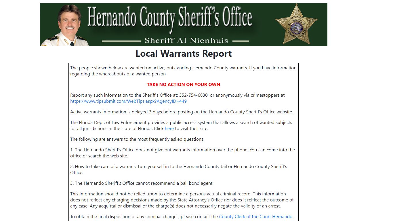 Hernando County Sheriff's Office Local Warrants Report